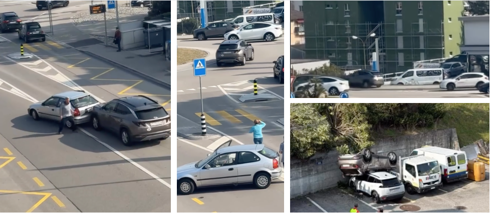 Losone: tampona auto alla rotonda, va dritto e si ribalta sui parcheggi